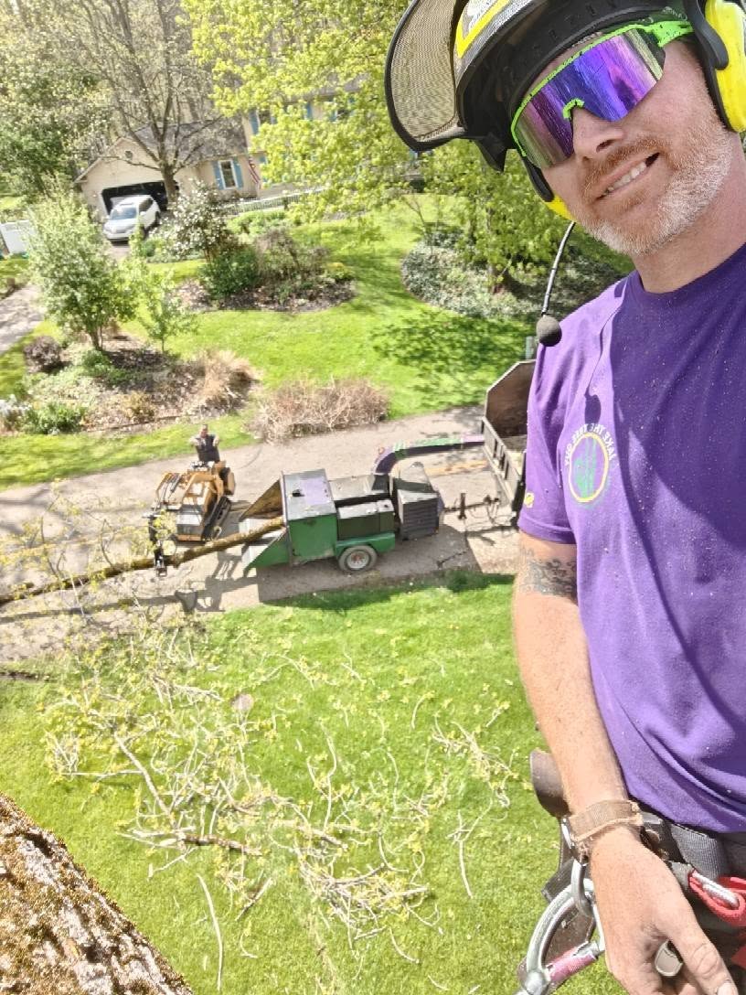 Jake up in tree with equipment below